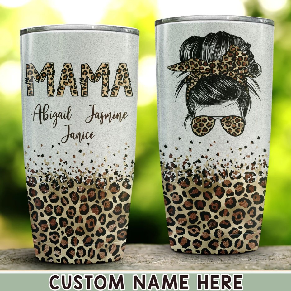 Personalized Leopard Mama Tumbler With Kid Names Custom Mom Tumbler With Kids Names Messy Bun Tumbler Mom Tumbler With Straw